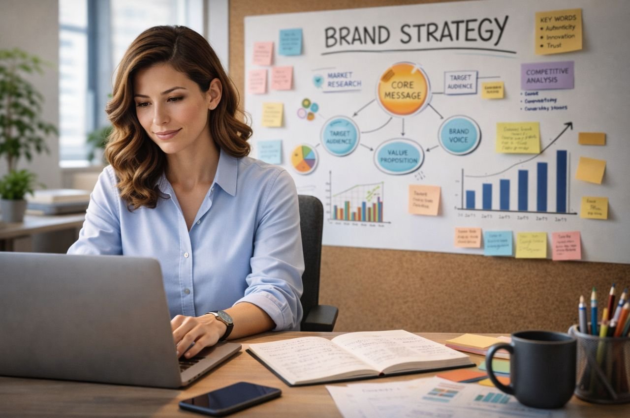 A confident digital professional working on a laptop surrounded by brand strategy notes, symbolizing the shift from aesthetic influencer to credentialed creator in 2026.