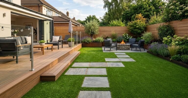 Artificial Grass with Paving and Decking